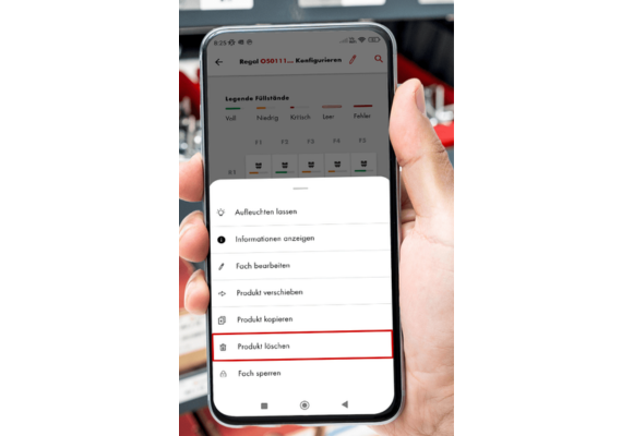 ORSY Cockpit App mit dem Button 'Produkt löschen'