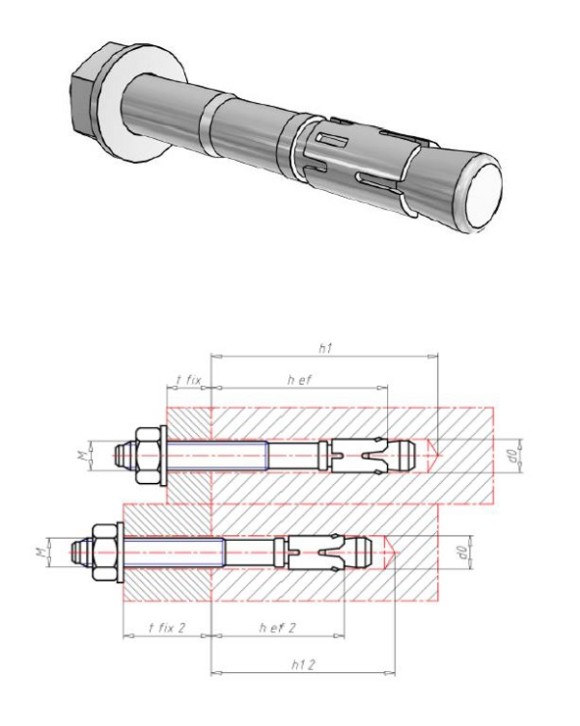 3D-CAD-Modell und 2D-Zeichnung vom Fixanker W-FAZ