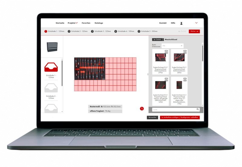 Würth Einrichtungsplaner Notebook mit Bestückung im Rastermass
